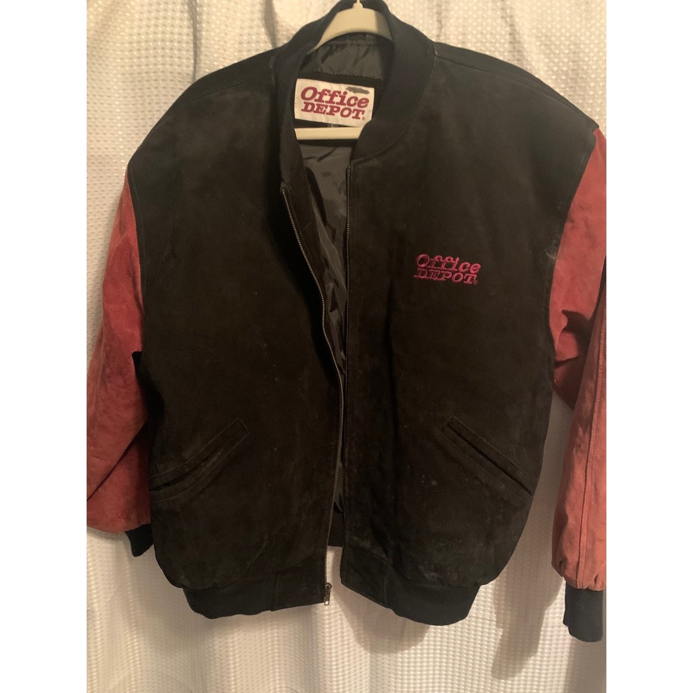 Office Depot Mens Vintage Suede Bomber Jacket Black Red Large Corporate Logo